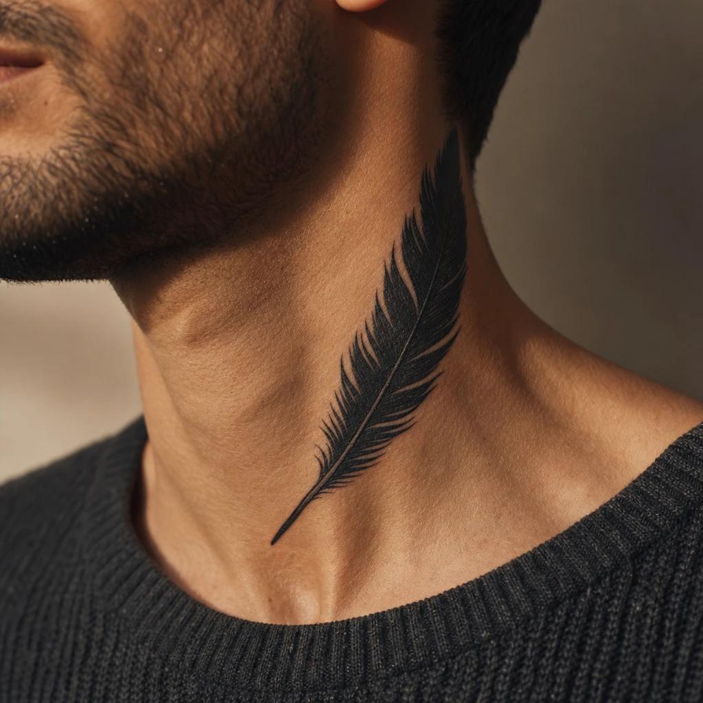 men's neck tattoo blackwork feather, realistic photo on skin