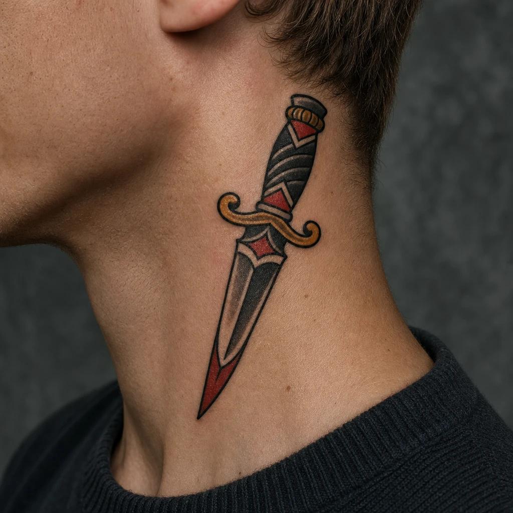 men's neck tattoo old school dagger, realistic photo on skin
