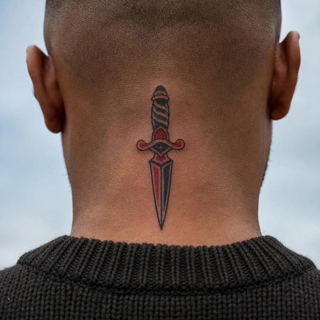 men's neck tattoo old school dagger, realistic photo on skin