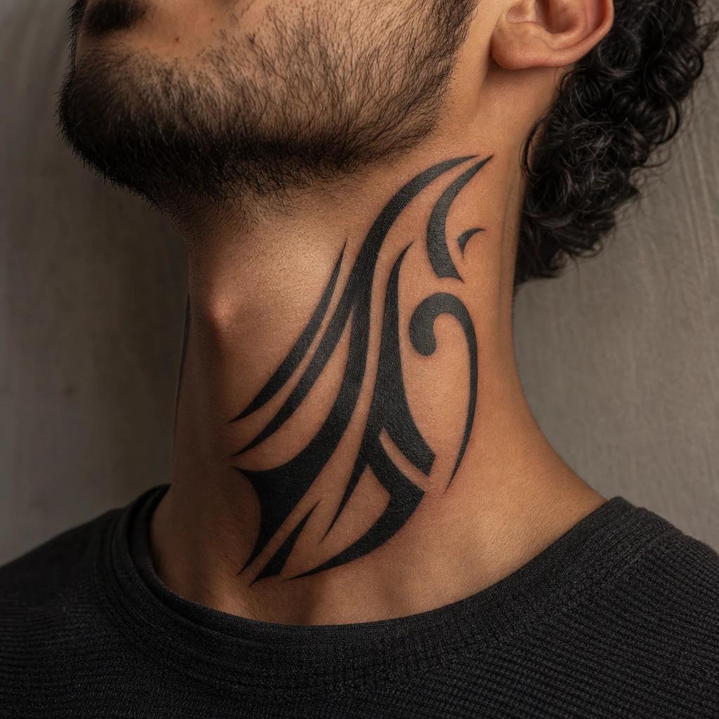 men's neck tattoo modern curved tribal, realistic photo on skin