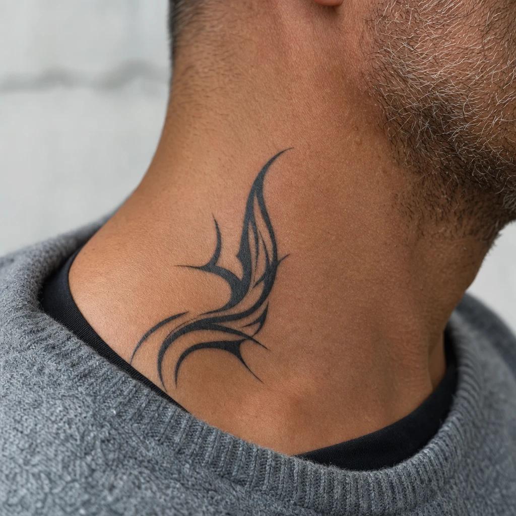 men's neck tattoo modern curved tribal, realistic photo on skin