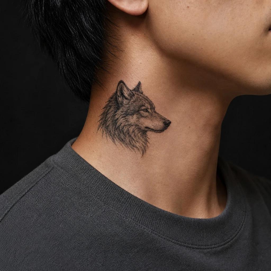 men's neck tattoo miniature wolf head, realistic photo on skin