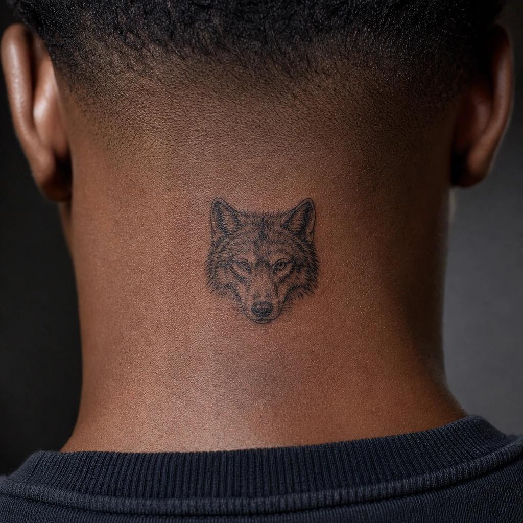 men's neck tattoo miniature wolf head, realistic photo on skin