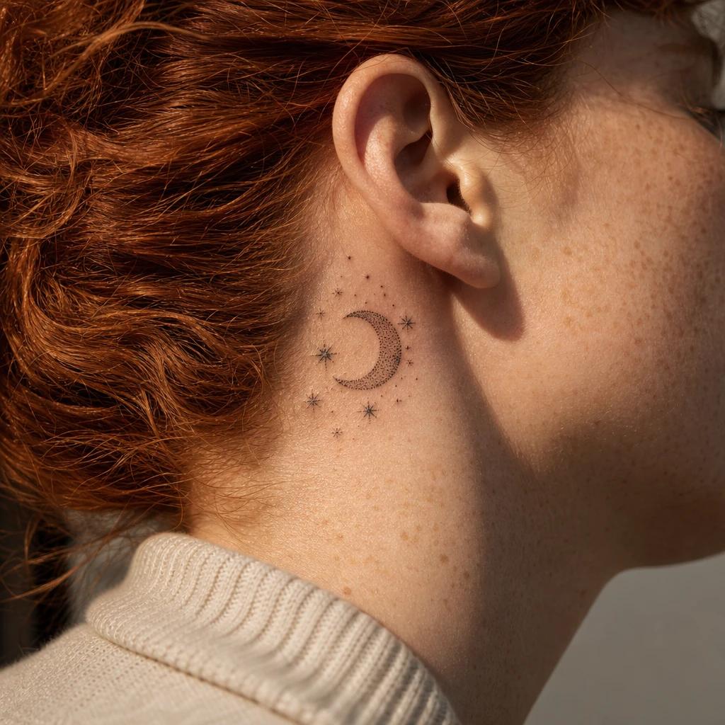 women's neck tattoo dotwork moon and stars, realistic photo on skin
