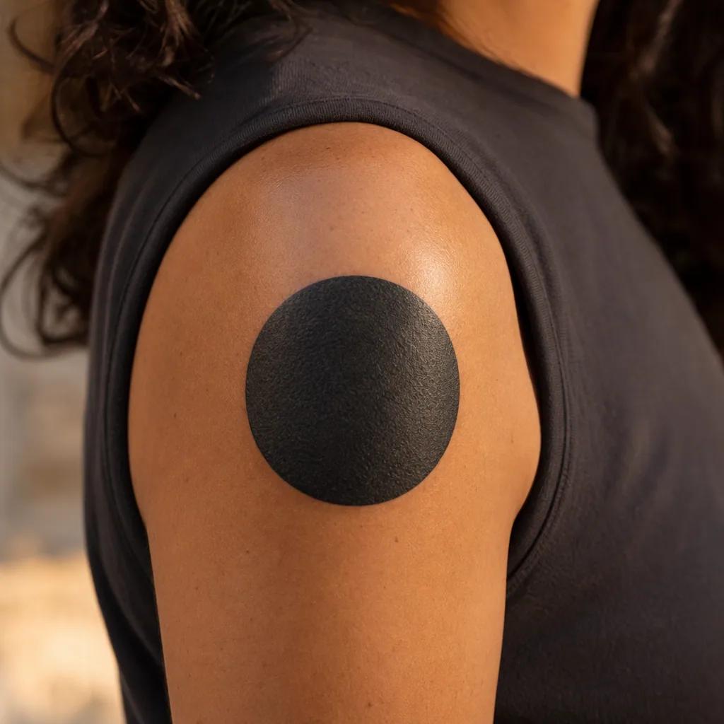 placement tattoo round blackwork shoulder, realistic photo on skin