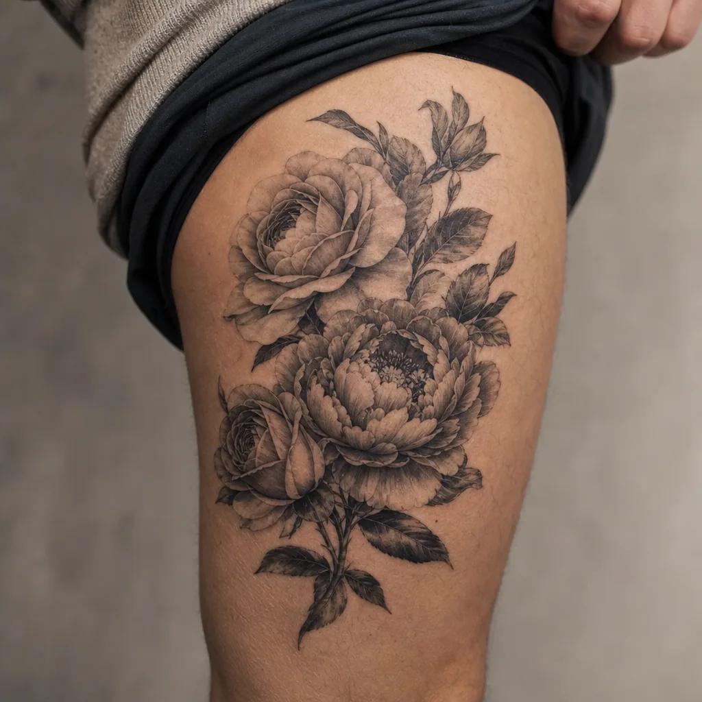 placement tattoo realistic thigh, realistic photo on skin