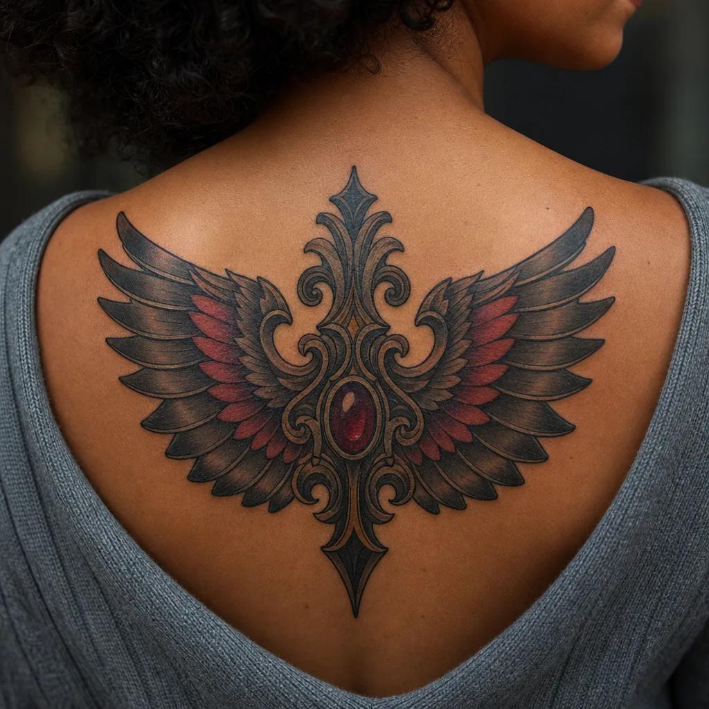placement tattoo neo-traditional back, realistic photo on skin