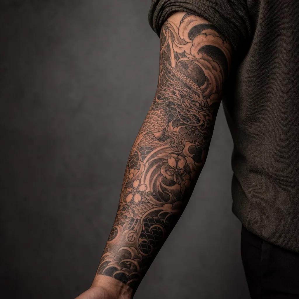placement tattoo japanese arm sleeve, realistic photo on skin