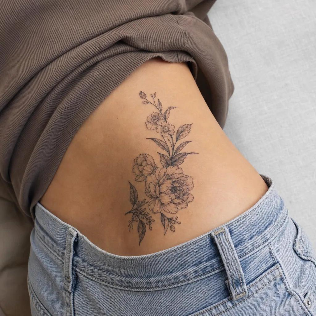 placement tattoo floral hip, realistic photo on skin