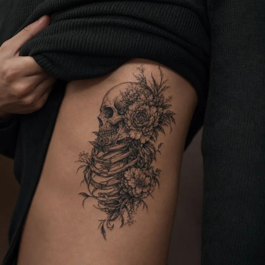 placement tattoo flowered skull ribs, realistic photo on skin