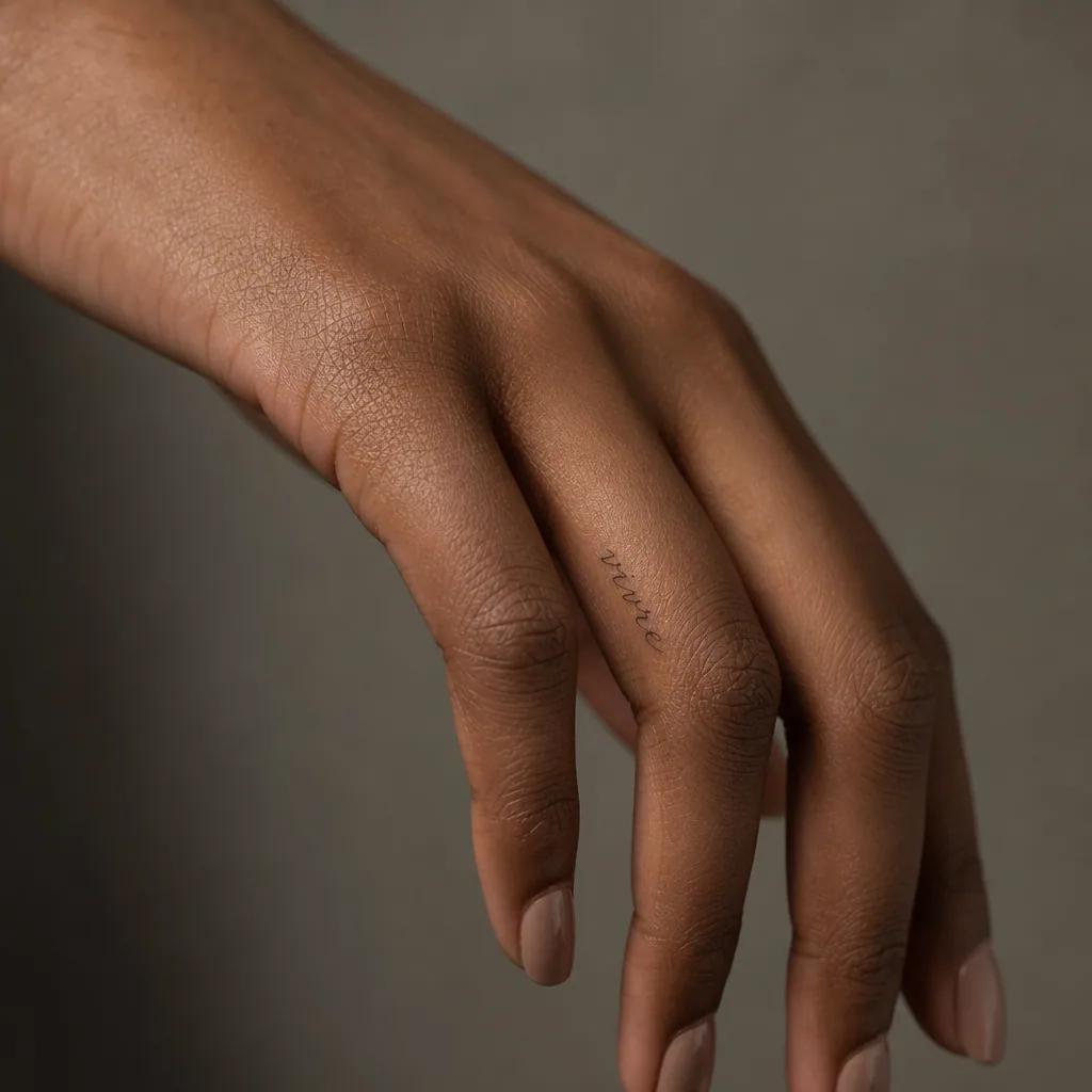 placement tattoo lettering finger, realistic photo on skin