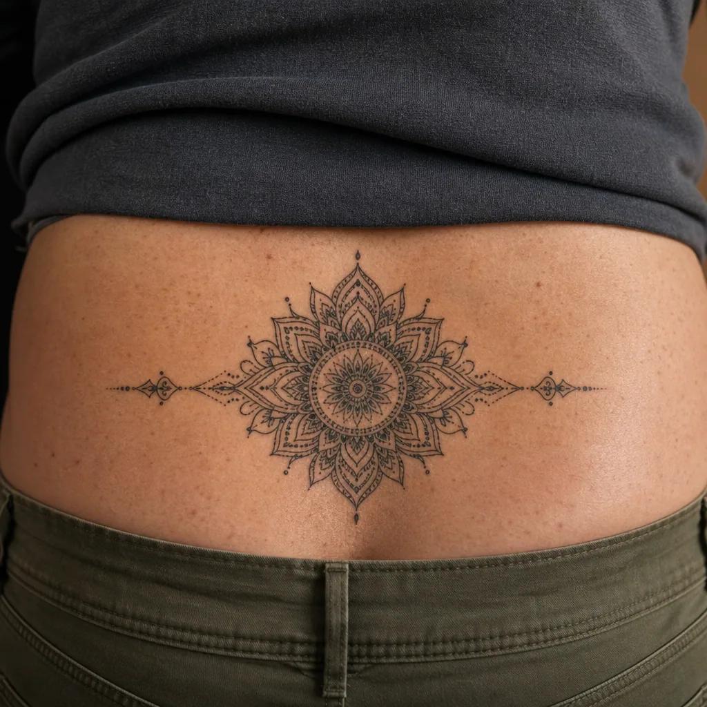 placement tattoo mandala lower back, realistic photo on skin