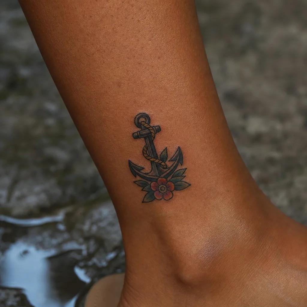 small tattoo compact neo-traditional anchor, realistic photo on skin