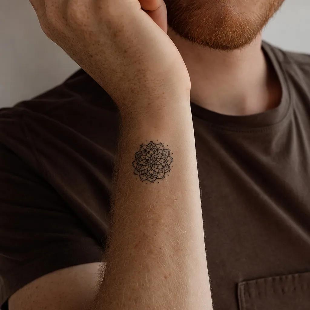small tattoo compact mandala, realistic photo on skin