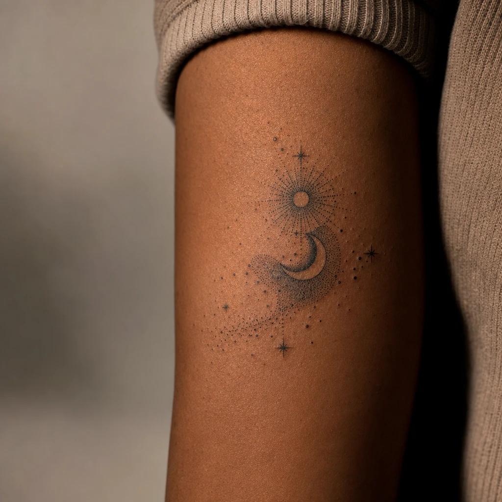 sun and moon tattoo celestial dotwork gradient, realistic photo on skin