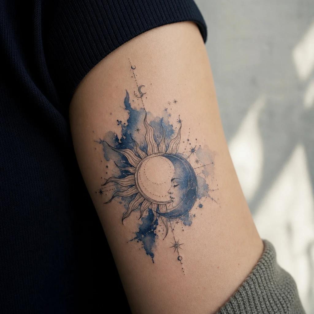 sun and moon tattoo night-blue watercolor, realistic photo on skin