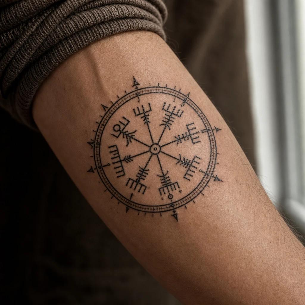 viking tattoo vegvisir runic compass, realistic photo on skin