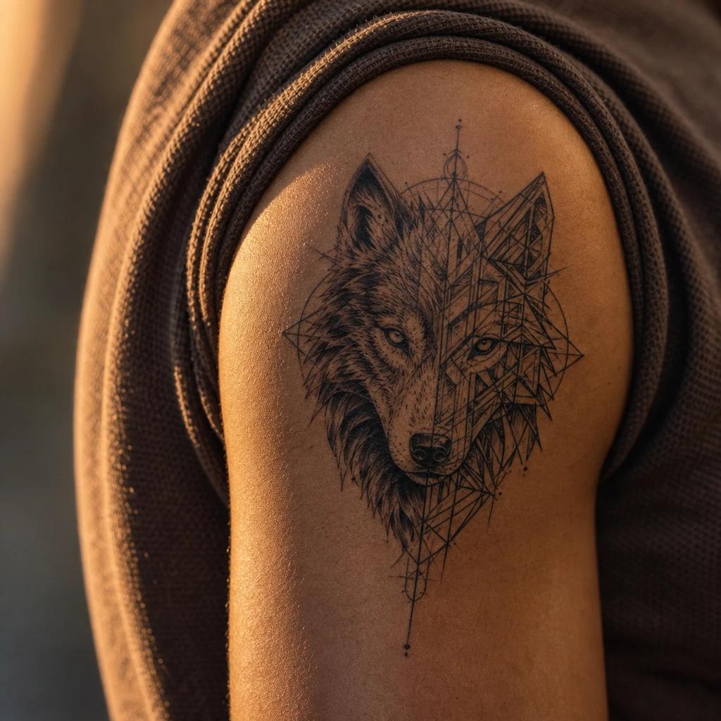 viking tattoo geometric fenrir wolf, realistic photo on skin