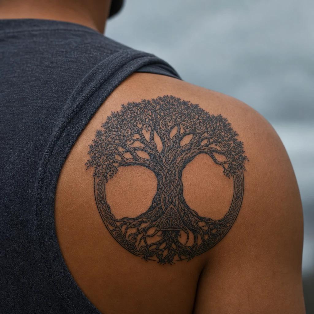 viking tattoo yggdrasil world tree, realistic photo on skin