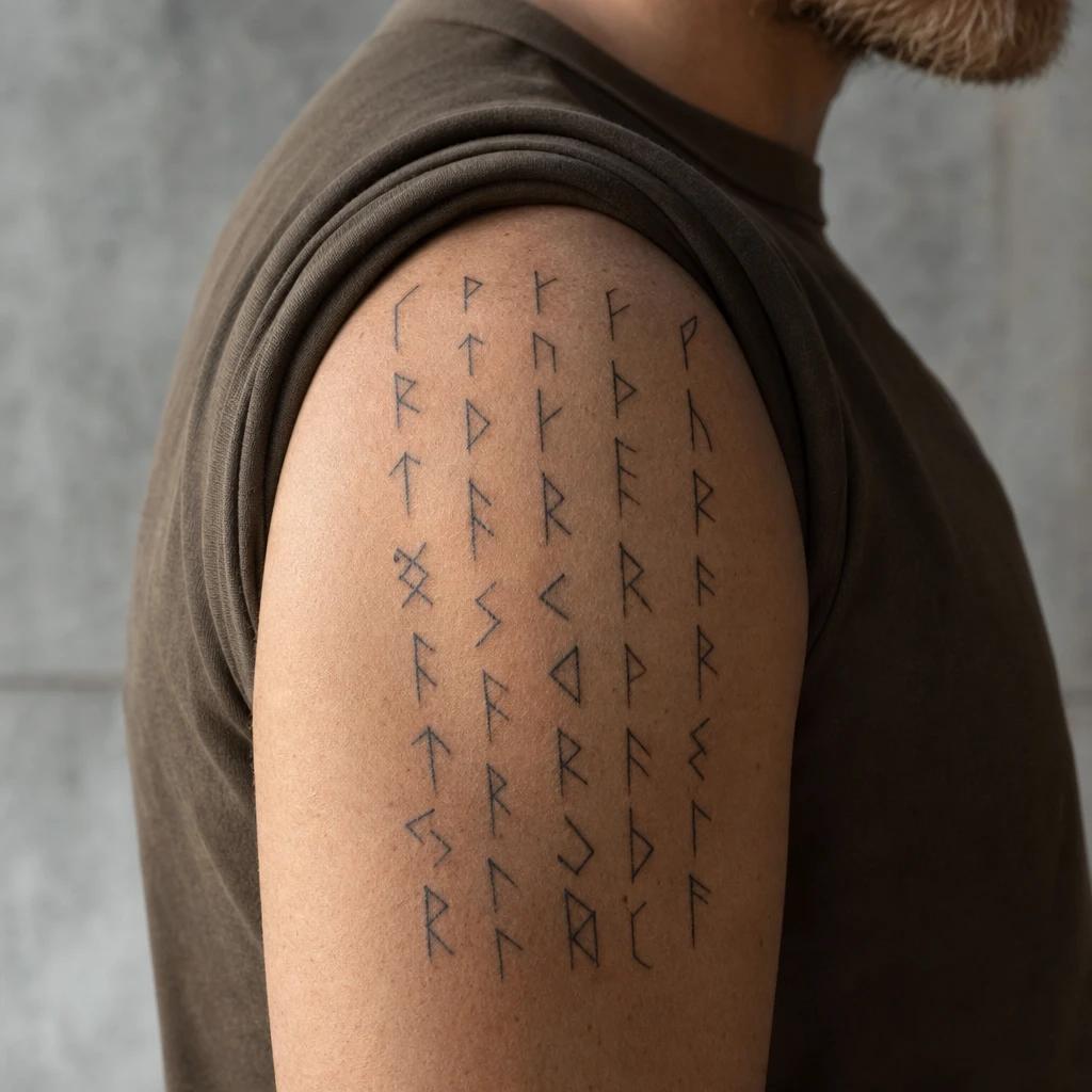 viking tattoo ancient rune lettering, realistic photo on skin