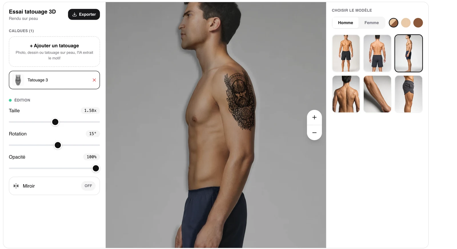 Preview of the 3D tattoo try-on tool: a tattoo placed and adjusted on the model