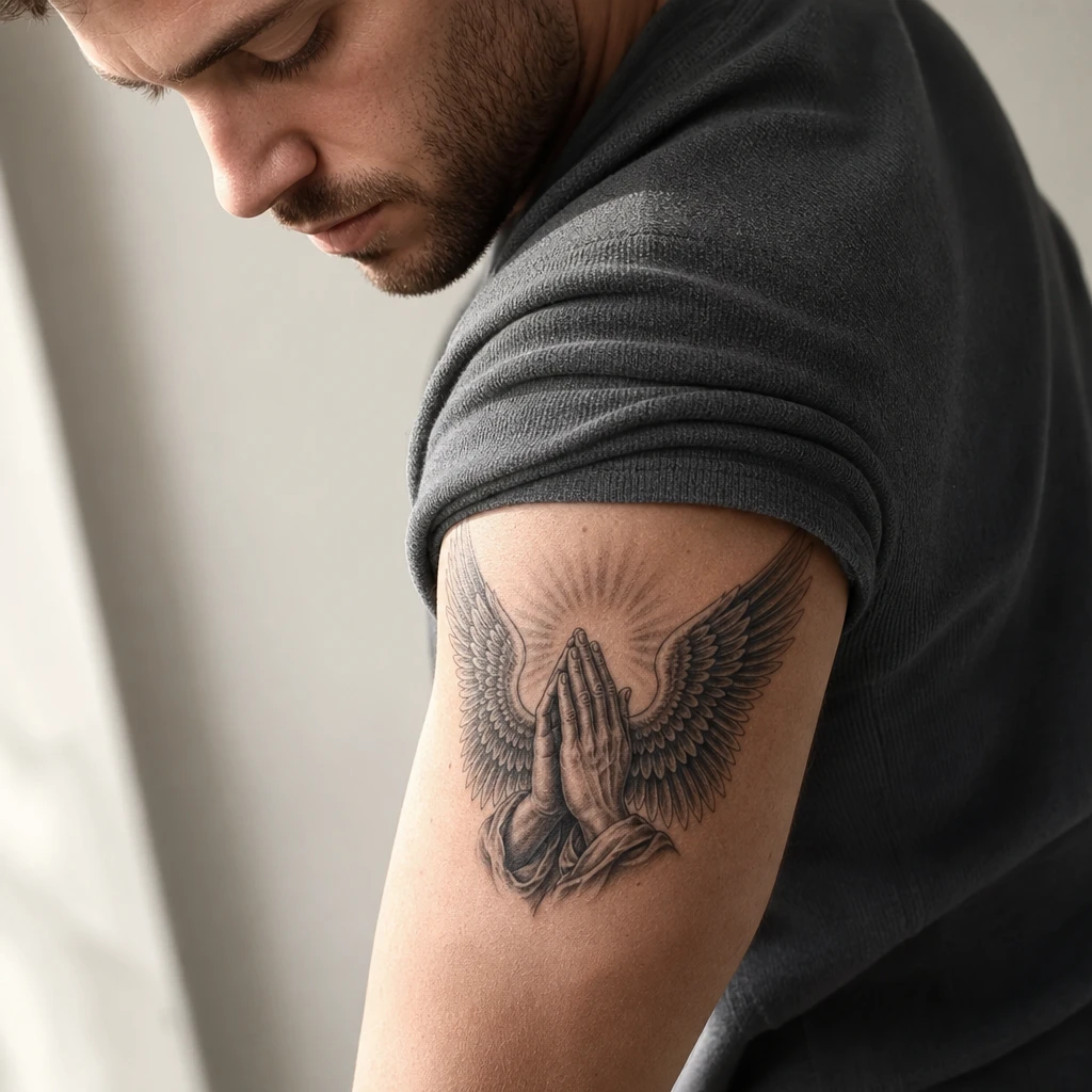 Mains en priere et ailes