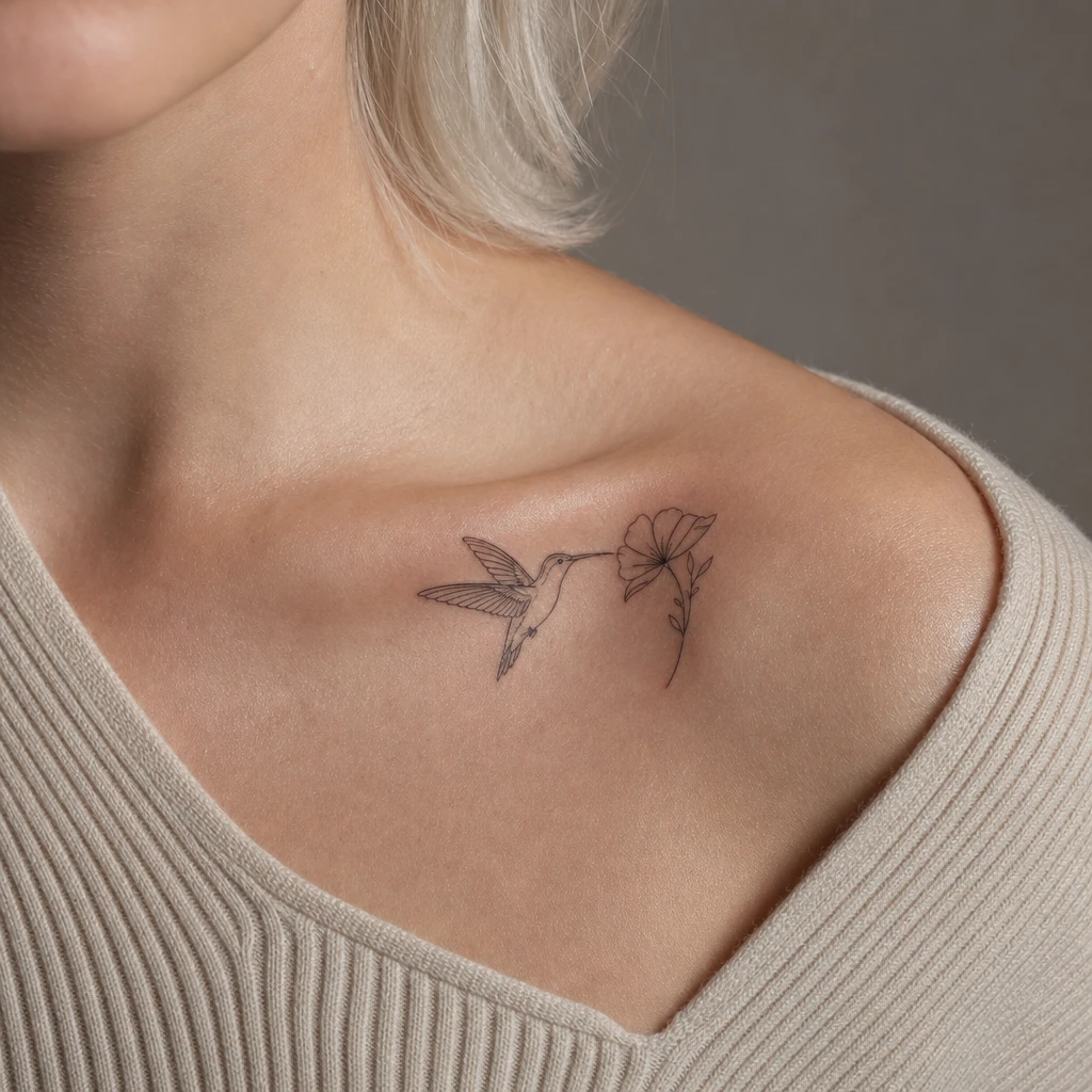 Colibri et fleur fine line