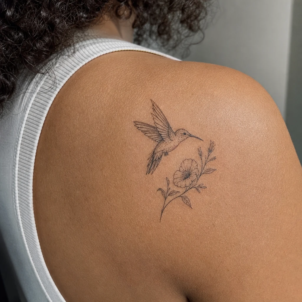 Colibri et fleur fine line