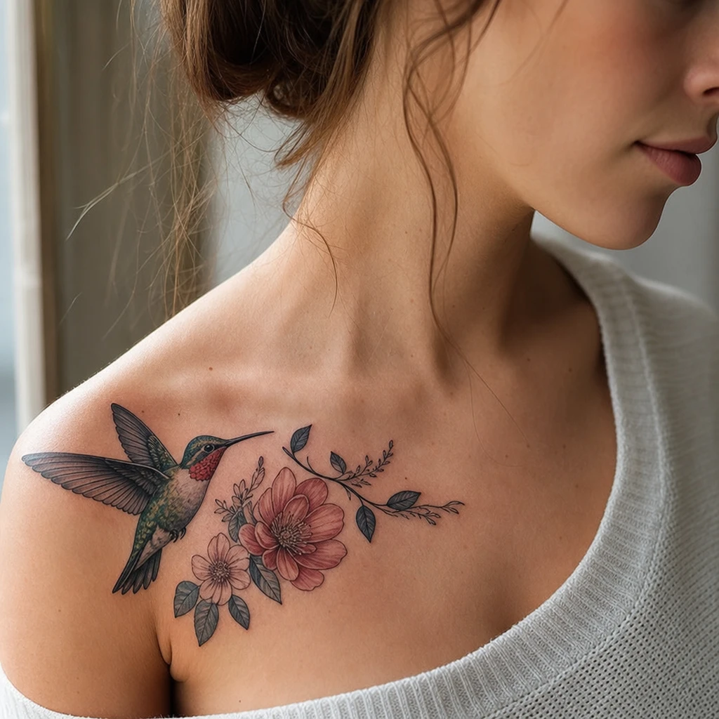 Colibri et fleurs neo-traditionnel