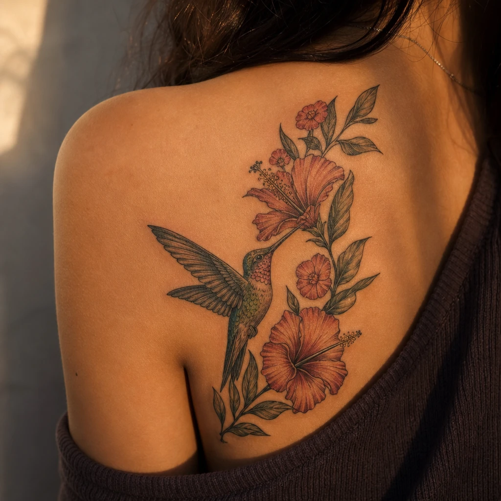 Colibri et fleurs neo-traditionnel