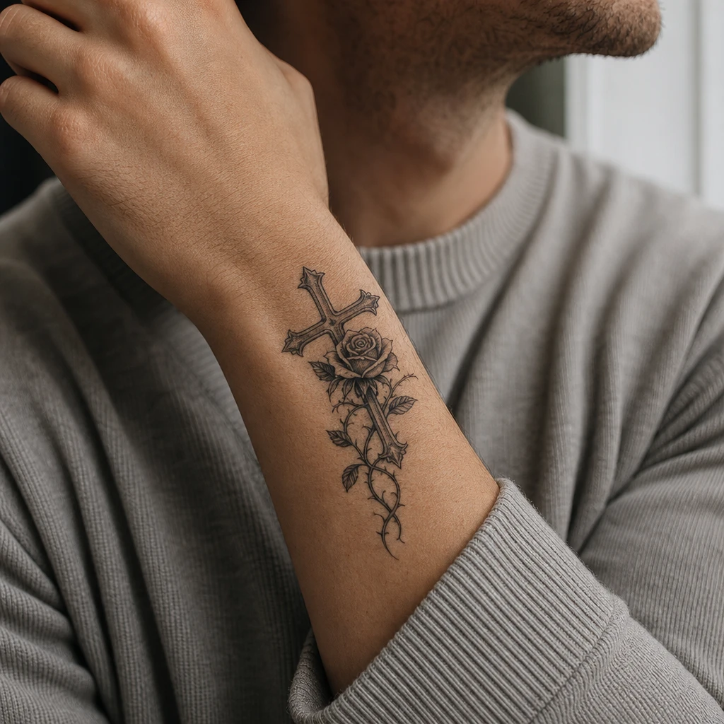 Croix et rose entrelacees