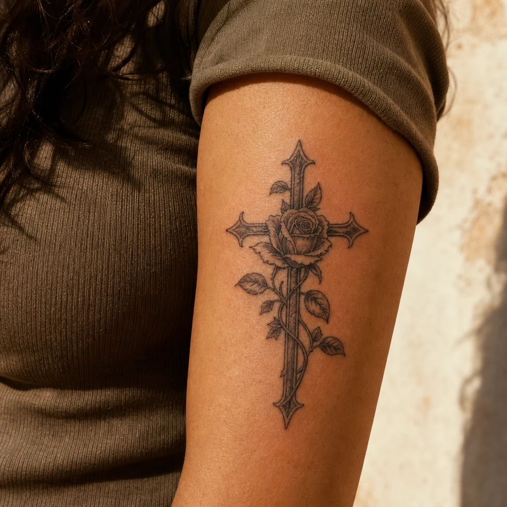 Croix et rose entrelacees