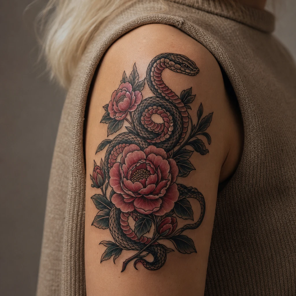 Serpent et fleurs neo-traditionnel