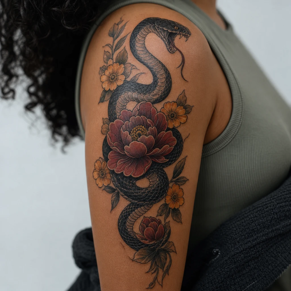Serpent et fleurs neo-traditionnel