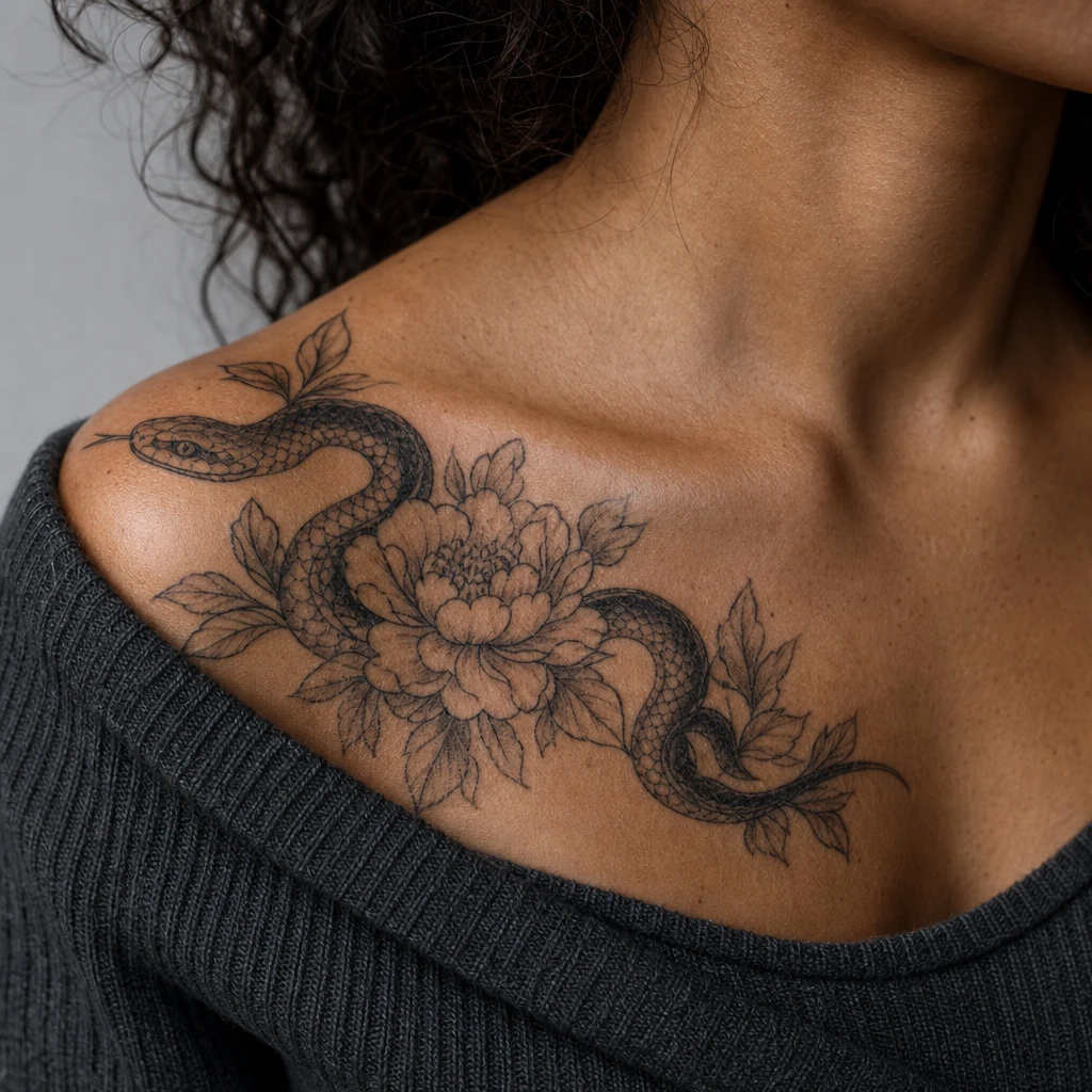 Serpent et pivoine japonais