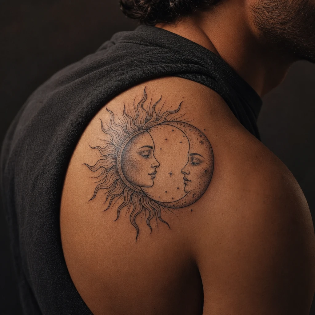 Visages profil soleil lune