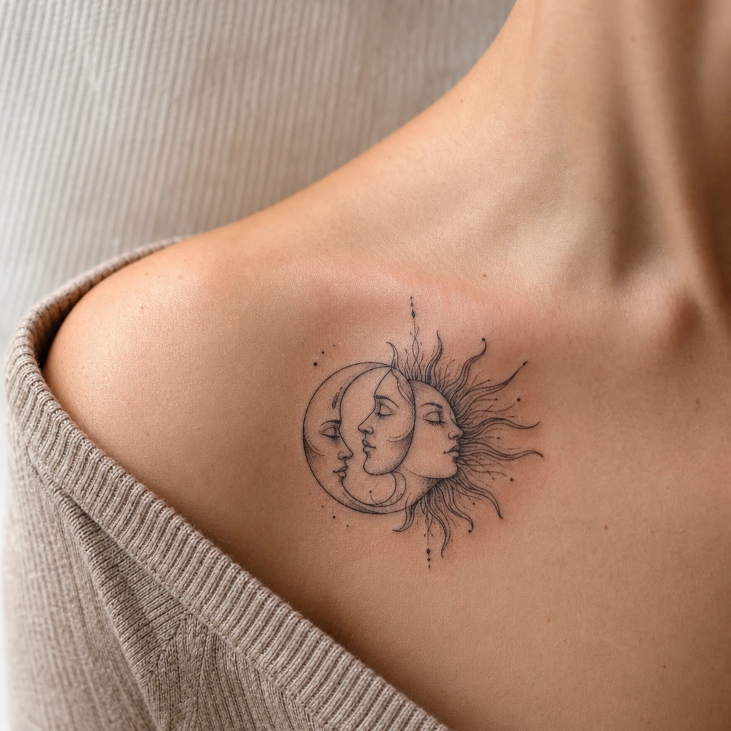 Visages profil soleil lune